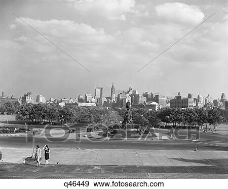 1946 Skyline Of Philadelphia From Steps Of The Art Museum Looking Down Parkway To City Hall View Large Photo Image Stock Photo - 1946 Skyline Of Philadelphia From Steps Of The Art Museum Looking Down Parkway To City Hall. Fotosearch