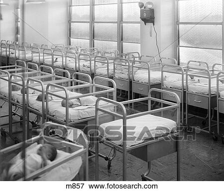 1950s 1960s Babies In Hospital Nursery Cribs Stock Photo M857