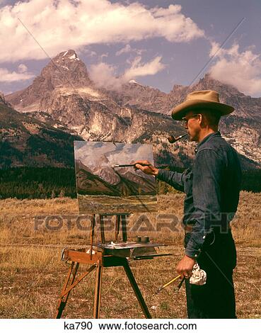 1950S 1960S Man Artist Smoking Pipe Painting Mountain Landscape Grand Tetons Wyoming View Large Photo Image Stock Image - 1950S 1960S Man Artist Smoking Pipe Painting Mountain Landscape Grand Tetons Wyoming . Fotosearch