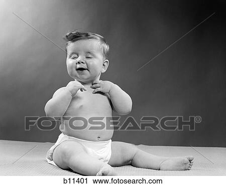 1950S Baby Wearing Diaper Seated With Eyes Closed Mouth Open & Hands Touching Neck View Large Photo Image Stock Image - 1950S Baby Wearing Diaper Seated With Eyes Closed Mouth Open & Hands Touching Neck. Fotosearch