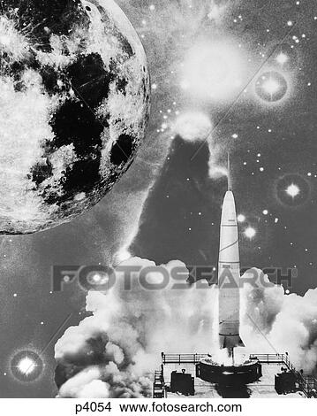 Picture - 1950S Composite Image Of Rocket Launch Pad Site Planet Cloud Star Cluster. Fotosearch