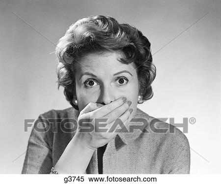 Stock Photography - 1950S Head Shot Of Startled Woman Covering Mouth With Hand . Fotosearch
