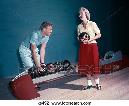 1950S Laughing Couple Man Woman Bowling View Large Photo Image Stock Image - 1950S Laughing Couple Man Woman Bowling . Fotosearch