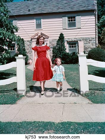 1950S Mother And Daughter Walking Out Gate From Suburban House View Large Photo Image Stock Image - 1950S Mother And Daughter Walking Out Gate From Suburban House . Fotosearch