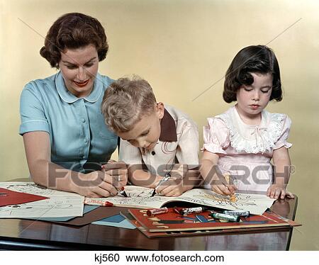 1950S Mother Son And Daughter Coloring In Coloring Books Studio View Large Photo Image Stock Image - 1950S Mother Son And Daughter Coloring In Coloring Books Studio . Fotosearch