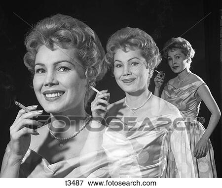Stock Photo - 1950S Multiple Exposure Of Smiling Woman Smoking A Cigarette 3 Separate Views. Fotosearch