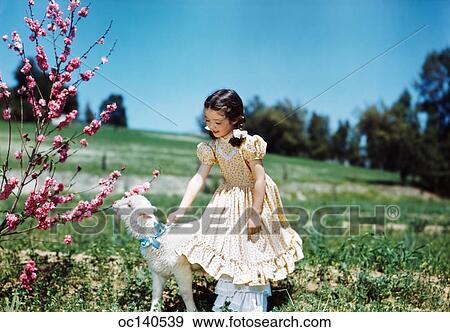 1950S Smiling Girl Wearing Ruffled Dress Petting Lamb By Tree Springtime Easter View Large Photo Image Stock Photo - 1950S Smiling Girl Wearing Ruffled Dress Petting Lamb By Tree Springtime Easter. Fotosearch