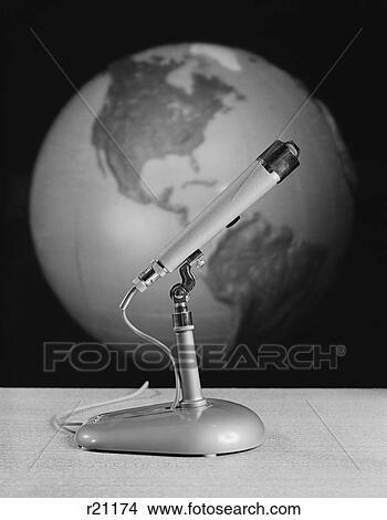 1960S 1970S Still Life Broadcast Microphone Background Globe Earth View Large Photo Image Picture - 1960S 1970S Still Life Broadcast Microphone Background Globe Earth. Fotosearch