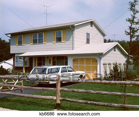 1960S 1970S Suburban Home Two Story With Station Wagon In Driveway View Large Photo Image Stock Photograph - 1960S 1970S Suburban Home Two Story With Station Wagon In Driveway. Fotosearch