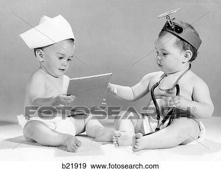 Stock Photo - 1960S Baby Doctor And Nurse With Chart And Stethoscope. Fotosearch