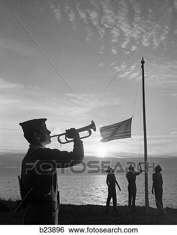 1960S Boy Scouts At Camp Sunset Lower American Flag Bugle Taps 4 Boys Uniform Silhouetted View Large Photo Image Stock Photograph - 1960S Boy Scouts At Camp Sunset Lower American Flag Bugle Taps 4 Boys Uniform Silhouetted . Fotosearch