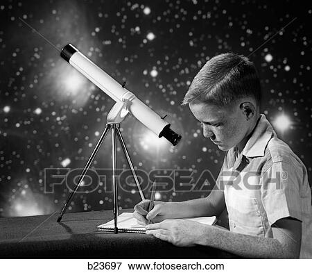 1960S Boy Sitting At Table With Telescope & Stars In Background Writing In Notebook View Large Photo Image Stock Photo - 1960S Boy Sitting At Table With Telescope & Stars In Background Writing In Notebook. Fotosearch