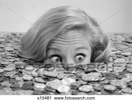 1960S Bug-Eyed Surprised Woman Buried In Coins Money Symbolic View Large Photo Image Stock Image - 1960S Bug-Eyed Surprised Woman Buried In Coins Money Symbolic. Fotosearch