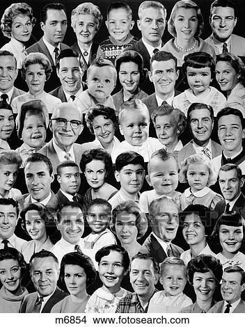 1960S Collage Montage Of Many Heads Of People Every Age Gender Race Mother Father Son Daughter Grandmother Grandfather Smiling View Large Photo Image Picture - 1960S Collage Montage Of Many Heads Of People Every Age Gender Race Mother Father Son Daughter Grandmother Grandfather Smiling. Fotosearch