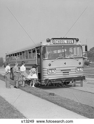 1960S Elementary School Children Getting On School Bus View Large Photo Image Stock Photo - 1960S Elementary School Children Getting On School Bus. Fotosearch