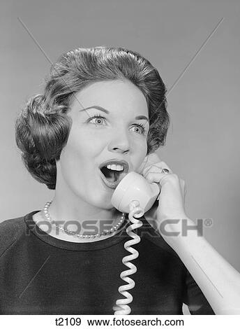 1960S Excited Woman Talking On Telephone View Large Photo Image Stock Photo - 1960S Excited Woman Talking On Telephone . Fotosearch