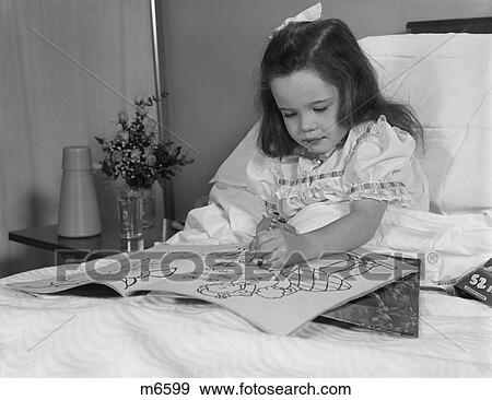 1960S Little Girl Patient In Hospital Bed Writing In Coloring Book View Large Photo Image Stock Photo - 1960S Little Girl Patient In Hospital Bed Writing In Coloring Book. Fotosearch