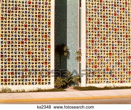 1960S Modern Architecture Public Building Colorful Cement Brick Tile Tiles Mosaic View Large Photo Image Stock Photo - 1960S Modern Architecture Public Building Colorful Cement Brick Tile Tiles Mosaic . Fotosearch