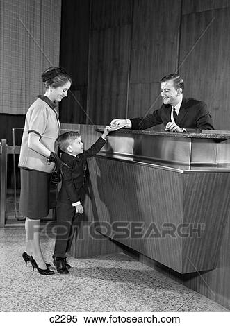 1960S Mother In Bank With Son Handing Passbook To Teller View Large Photo Image Stock Photography - 1960S Mother In Bank With Son Handing Passbook To Teller. Fotosearch