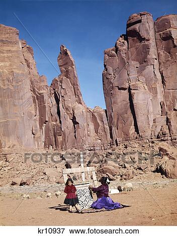 1960S Navajo Mother & Daughter At Loom Weaving View Large Photo Image Stock Photo - 1960S Navajo Mother & Daughter At Loom Weaving. Fotosearch