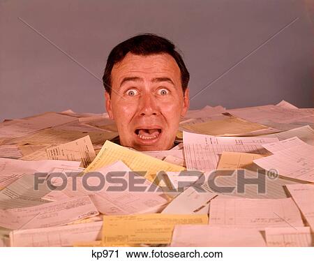 1960S Overwhelmed Screaming Bug-Eyed Man Office Worker Drowning In Paper Work Up To His Neck Surrounded By Bills And Invoices View Large Photo Image Stock Image - 1960S Overwhelmed Screaming Bug-Eyed Man Office Worker Drowning In Paper Work Up To His Neck Surrounded By Bills And Invoices . Fotosearch