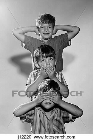 1960S Portrait Of 3 Boys Miming Hear See Speak No Evil View Large Photo Image Stock Image - 1960S Portrait Of 3 Boys Miming Hear See Speak No Evil. Fotosearch