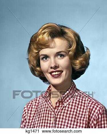 Stock Image - 1960S Portrait Smiling Blond Woman Wearing A Red White Checked Blouse . Fotosearch