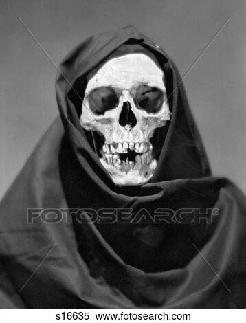 1960S Skull Wearing Black Cloak Symbolic Of Death View Large Photo Image Stock Photography - 1960S Skull Wearing Black Cloak Symbolic Of Death. Fotosearch