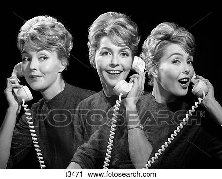 Stock Image - 1960S Smug Smiling Excited Woman Talking Gossiping On Phone In Three Different Views Superimposed Looking At Camera. Fotosearch