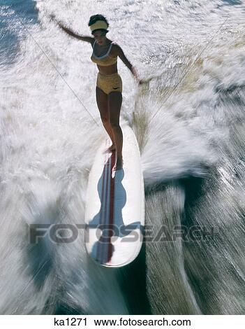 1960S Woman In Bathing Suit Standing Balancing Surfing On A Surfboard View Large Photo Image Stock Image - 1960S Woman In Bathing Suit Standing Balancing Surfing On A Surfboard . Fotosearch
