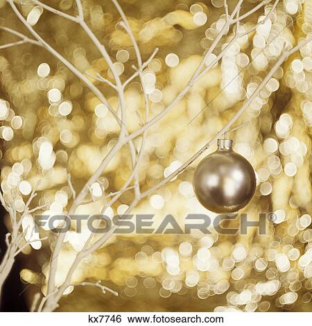 1970S Golden Christmas Ornament Ball On White Branch Golden Lights View Large Photo Image Stock Photograph - 1970S Golden Christmas Ornament Ball On White Branch Golden Lights. Fotosearch