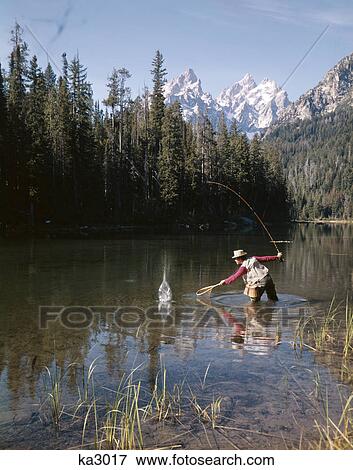 Stock Photo - 1970S Man Fisherman Red Shirt In Rocky Mountains Stream Lake Fly Rod Catch Splashing On Line Net. Fotosearch