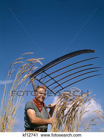 Stock Image - 1970S Man Wearing Bandanna Holding Antique Grain Cradle Scythe. Fotosearch