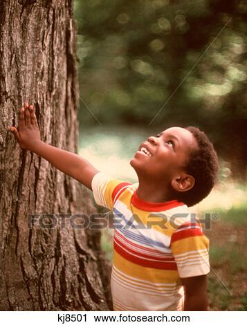 Stock Image - 1970S Smiling African American Boy Looking Up Tree Trunk Wearing Striped Tee Shirt . Fotosearch