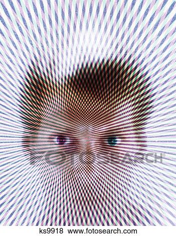Stock Photo - 1970S Special Effect Psychedelic Pattern Over Portrait Blonde Man Fan Out From Eyes Stare Weird 3 Dimensional Hologram. Fotosearch