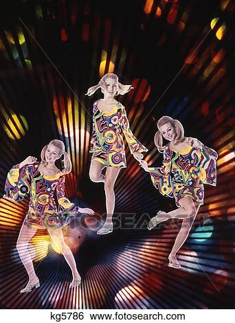 1970S Triple Exposure Of Young Woman In Patterned Dress Dancing Through Strobe Lights View Large Photo Image Stock Photograph - 1970S Triple Exposure Of Young Woman In Patterned Dress Dancing Through Strobe Lights . Fotosearch