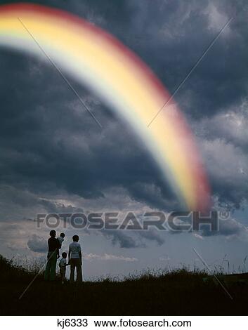 Stock Image - 1980S Family Looking At Sky With A Rainbow. Fotosearch
