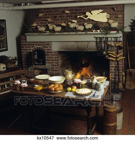 1980S Kitchen Interior With Fireplace Christmas Decorations On Mantle View Large Photo Image Stock Photo - 1980S Kitchen Interior With Fireplace Christmas Decorations On Mantle . Fotosearch