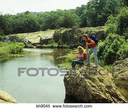 1980S Young Couple Hiking On Rock By Pond View Large Photo Image Stock Photography - 1980S Young Couple Hiking On Rock By Pond. Fotosearch