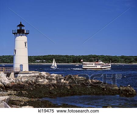 1990S Lighthouse Sail And Ferry Boat New Castle Maine View Large Photo Image Stock Photography - 1990S Lighthouse Sail And Ferry Boat New Castle Maine . Fotosearch