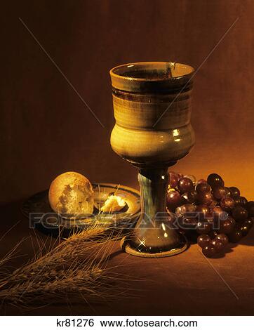 1990S Still Life Of Communion Symbols Wheat Cup Grapes And Bread View Large Photo Image Stock Photograph - 1990S Still Life Of Communion Symbols Wheat Cup Grapes And Bread . Fotosearch