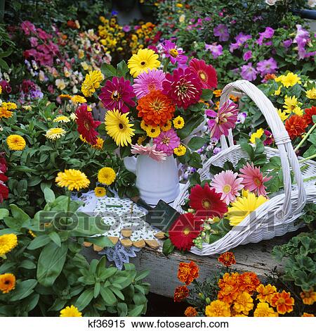 1990S Summer Flowers In Vase And Wicker Basket In Garden View Large Photo Image Stock Photography - 1990S Summer Flowers In Vase And Wicker Basket In Garden. Fotosearch