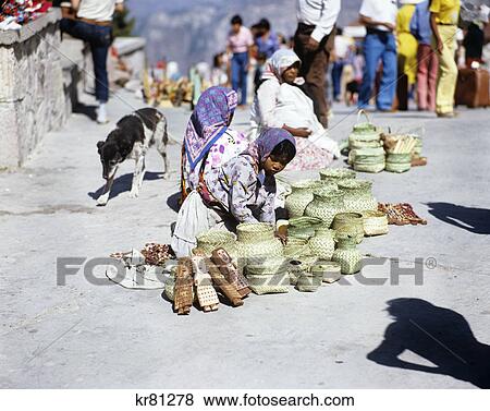 Stock Photo - 1990S Tarahumara Indians Selling Woven Baskets And Crafts At Market Divisadero Mexico . Fotosearch