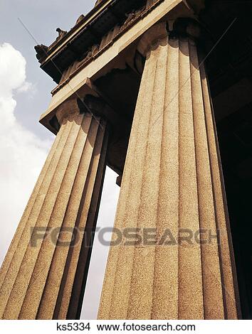 Picture - 2 Fluted Greek Doric Columns Angle Look Up Classical Architecture Architectural Detail Strong Strength Timeless Retro. Fotosearch