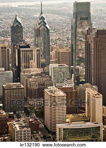 Stock Image - 2000S 2009 Aerial View Center City Philadelphia With Comcast Tower And Liberty Place Buildings. Fotosearch