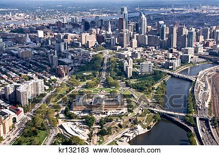 Stock Image - 2000S 2009 Aerial View Of Philadelphia Looking Southeast From Art Museum & Schuylkill River. Fotosearch