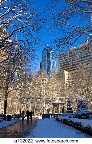 Stock Image - 2000S 2009 Two Liberty Place From Snowy Winter Rittenhouse Square Park Philadelphia Pennyslvania. Fotosearch