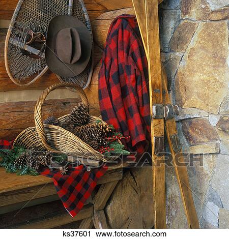 2000S Basket Of Pine Cones Next To Red Checkered Shirt Snowshoes Antique Wooden Skis And Brown Hat View Large Photo Image Stock Image - 2000S Basket Of Pine Cones Next To Red Checkered Shirt Snowshoes Antique Wooden Skis And Brown Hat. Fotosearch
