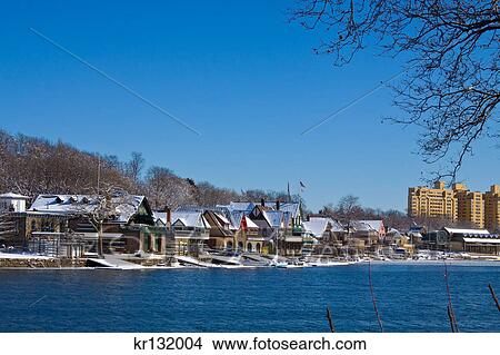 2000S Boathouse Row In Winter Snow Bright Blue Cloudless Sky Philadelphia Schuylkill River View Large Photo Image Picture - 2000S Boathouse Row In Winter Snow Bright Blue Cloudless Sky Philadelphia Schuylkill River. Fotosearch
