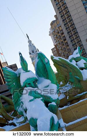 2000S Calder Fountain In Winter Snow With City Hall Spire William Penn Statue In Background Philadelphia View Large Photo Image Stock Photo - 2000S Calder Fountain In Winter Snow With City Hall Spire William Penn Statue In Background Philadelphia. Fotosearch